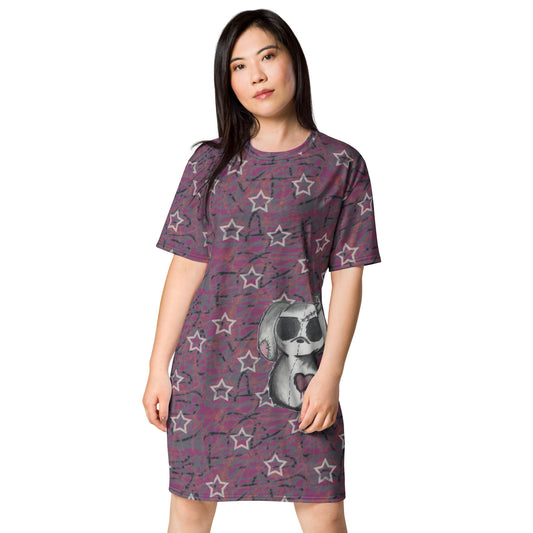 Stars mauve w/dog T-shirt dress