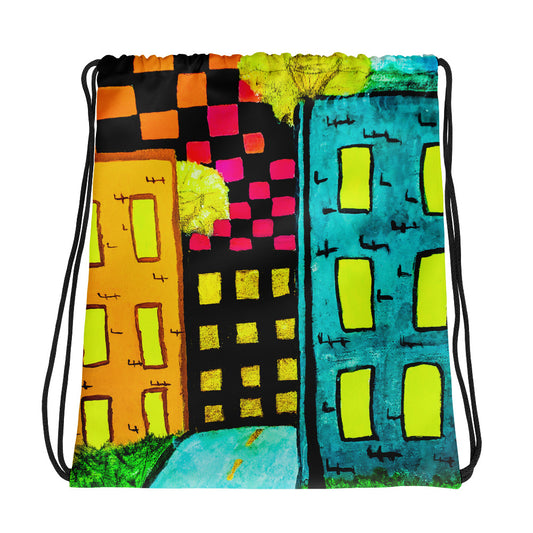 Checker Sky Buildings Drawstring bag