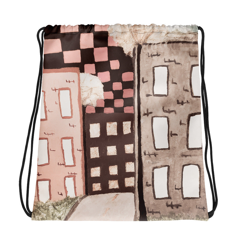 Checker Sky Buildings Pale Drawstring bag