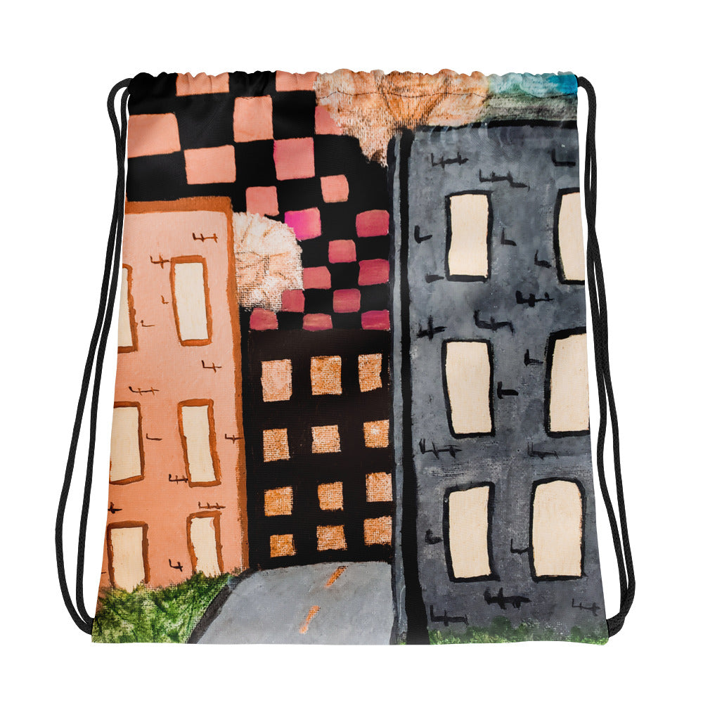 Checker Sky Buildings Rose Drawstring bag