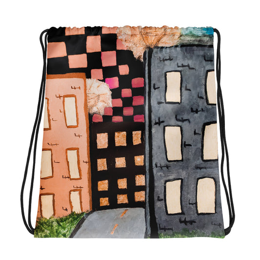 Checker Sky Buildings Rose Drawstring bag