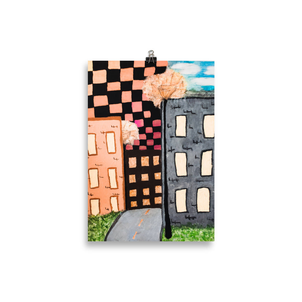 Checker Sky Buildings Rose Poster