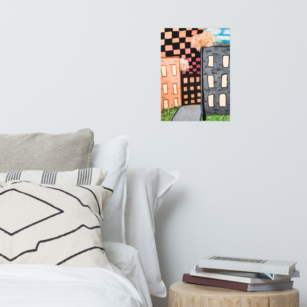 Checker Sky Buildings Rose Poster