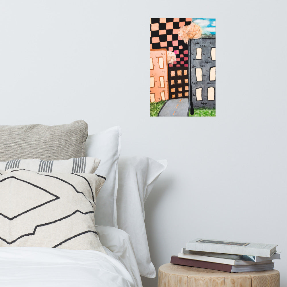 Checker Sky Buildings Rose Poster