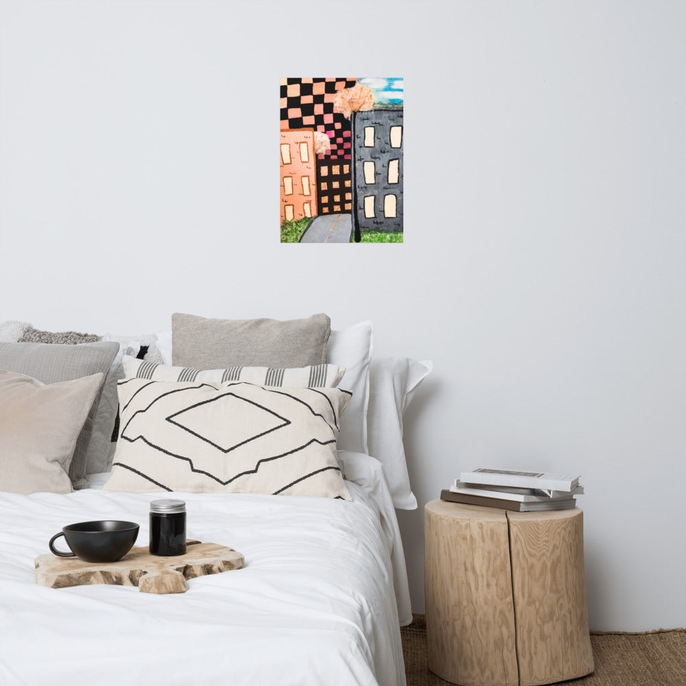 Checker Sky Buildings Rose Poster