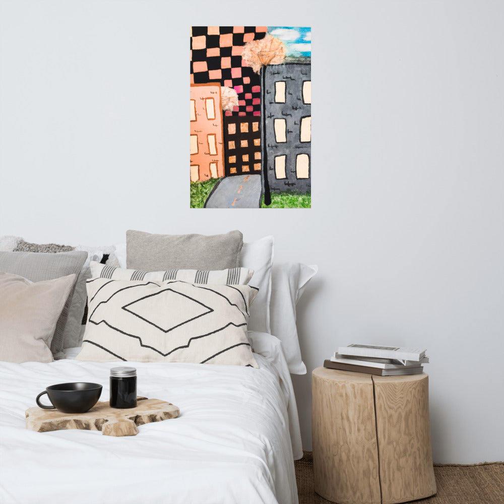 Checker Sky Buildings Rose Poster