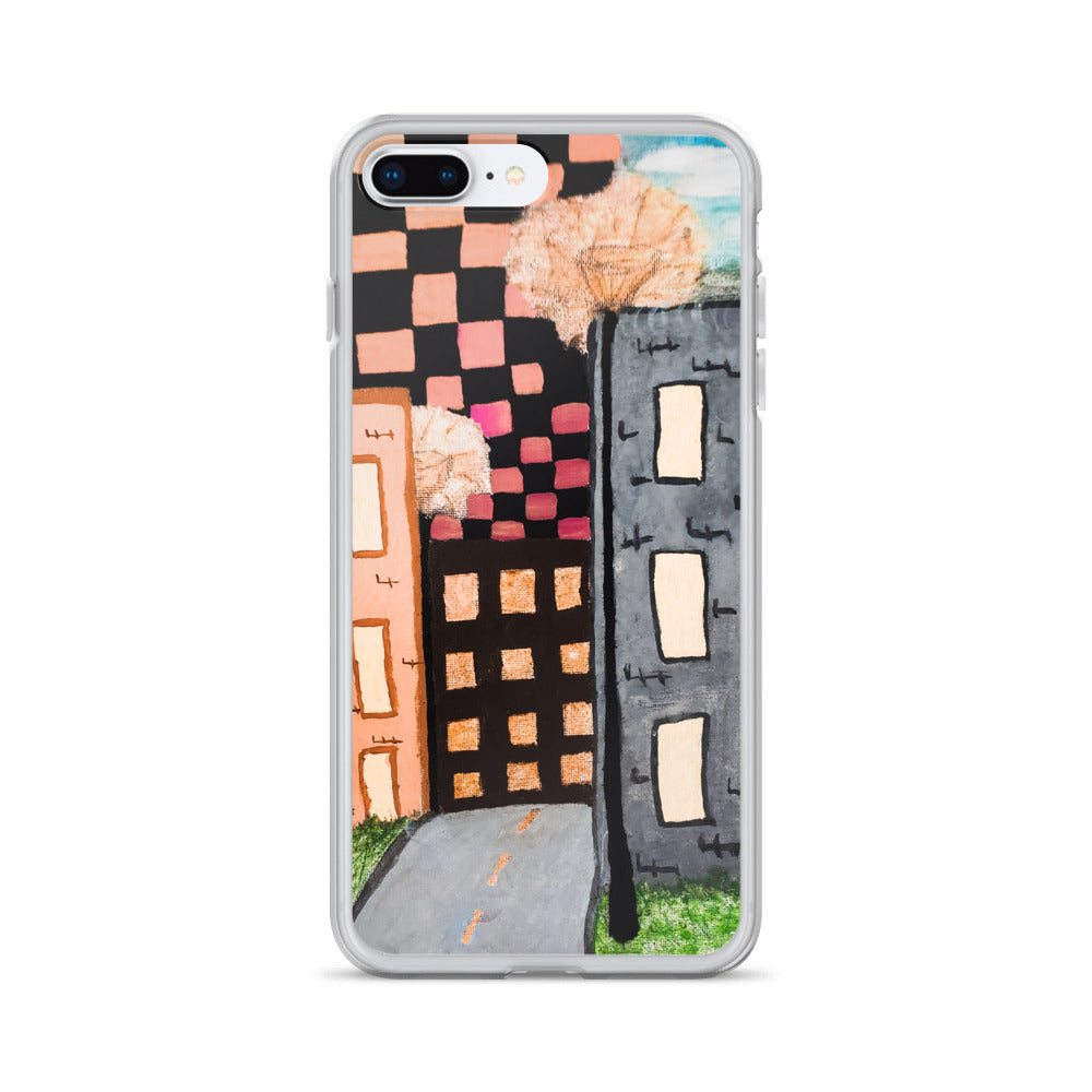 Checker Sky Buildings Rose iPhone Case