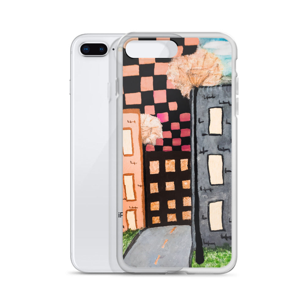 Checker Sky Buildings Rose iPhone Case