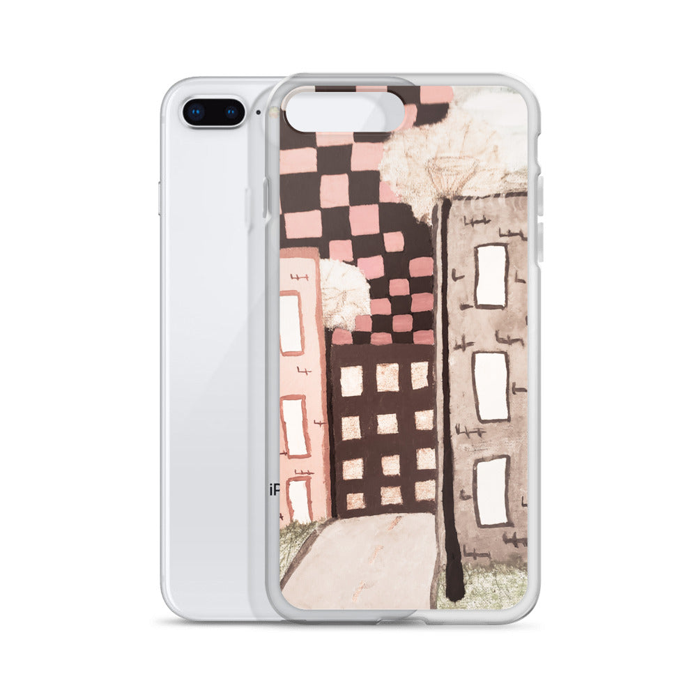 Checker Sky Buildings Pale iPhone Case