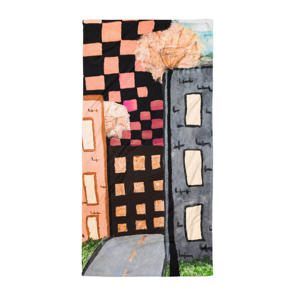 Checker Sky Buildings Rose Towel