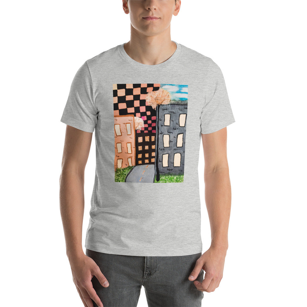 Checker Sky Buildings Rose Short-Sleeve Unisex T-Shirt