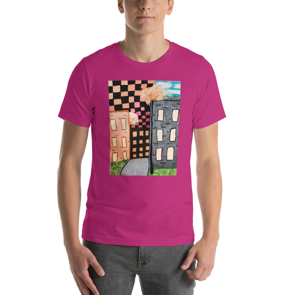 Checker Sky Buildings Rose Short-Sleeve Unisex T-Shirt