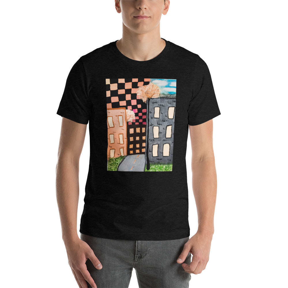 Checker Sky Buildings Rose Short-Sleeve Unisex T-Shirt