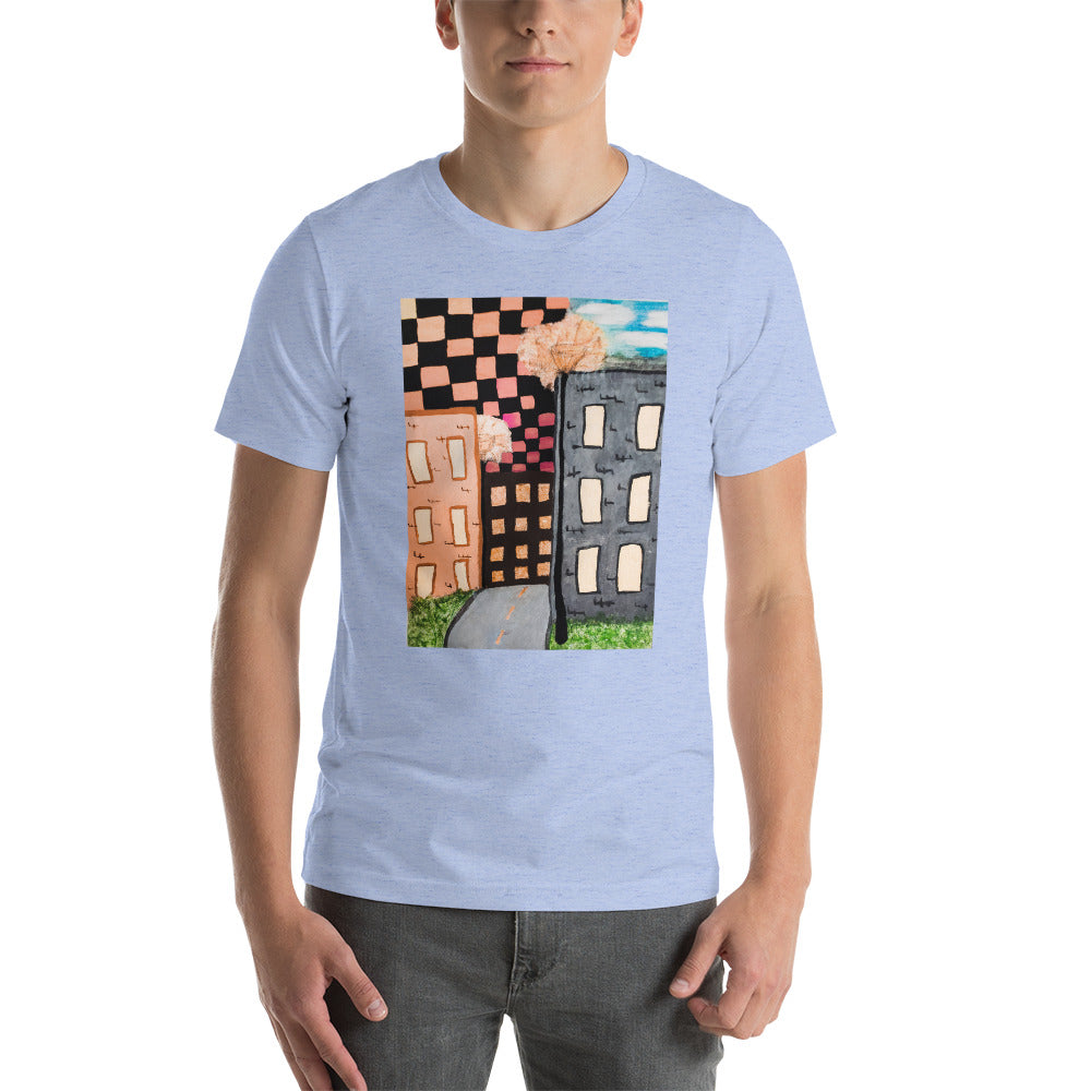 Checker Sky Buildings Rose Short-Sleeve Unisex T-Shirt