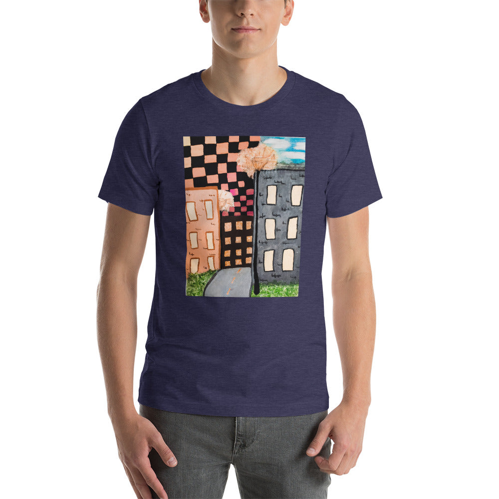 Checker Sky Buildings Rose Short-Sleeve Unisex T-Shirt