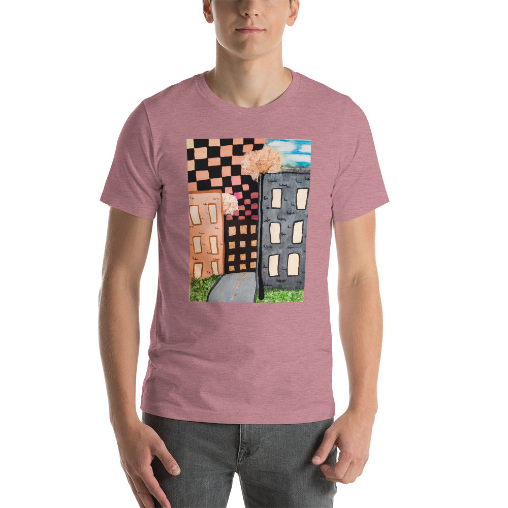 Checker Sky Buildings Rose Short-Sleeve Unisex T-Shirt