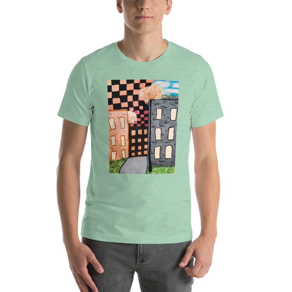 Checker Sky Buildings Rose Short-Sleeve Unisex T-Shirt