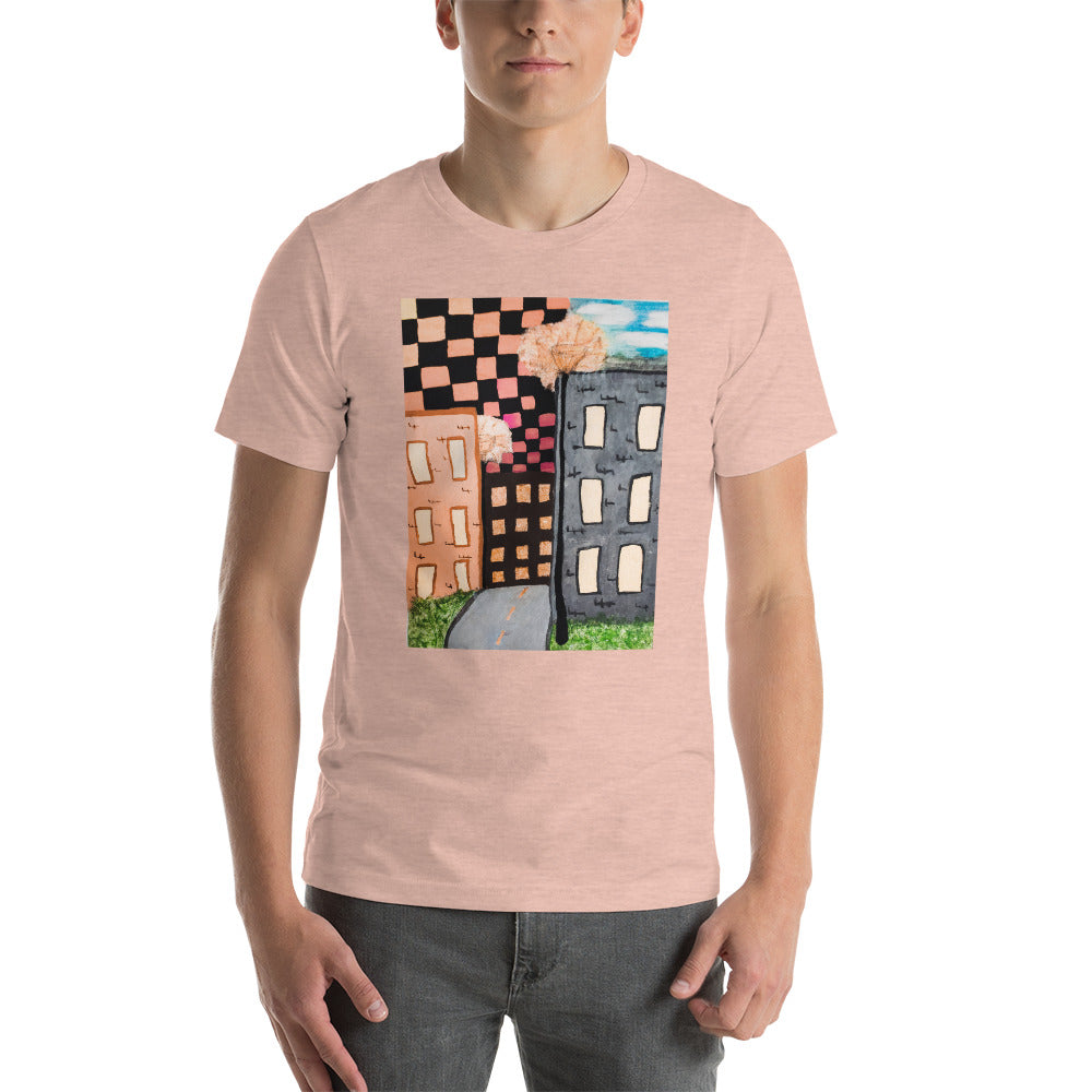 Checker Sky Buildings Rose Short-Sleeve Unisex T-Shirt