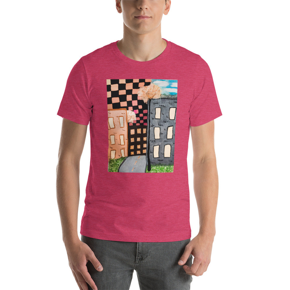 Checker Sky Buildings Rose Short-Sleeve Unisex T-Shirt