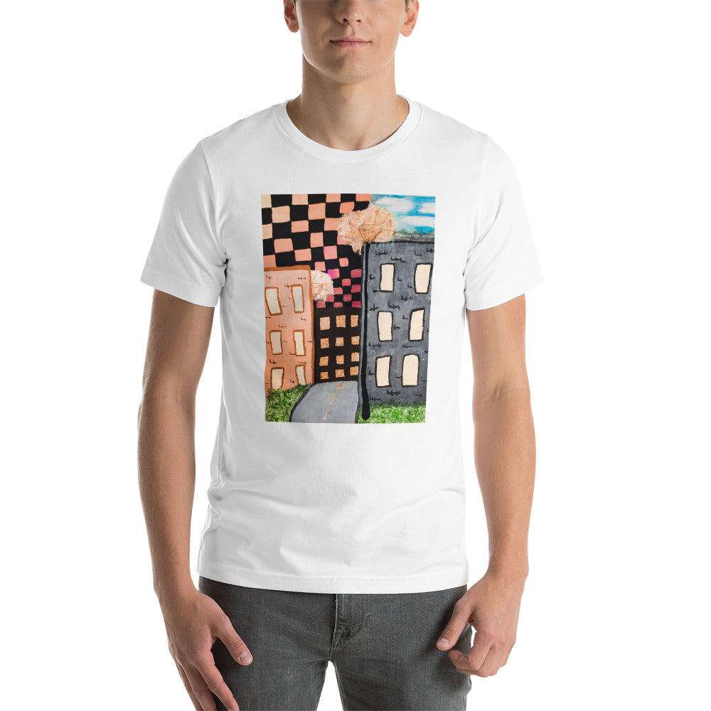 Checker Sky Buildings Rose Short-Sleeve Unisex T-Shirt