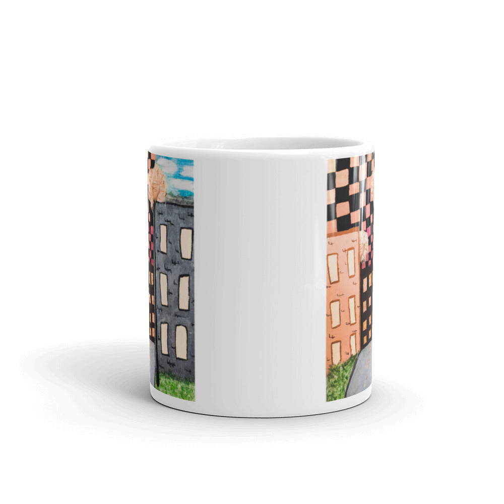 Checker Sky Buildings Rose reg. White glossy mug