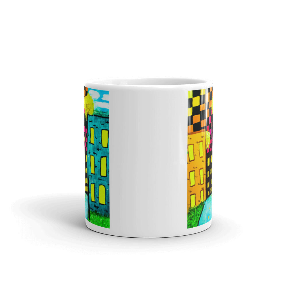 Checker Sky Building White glossy mug