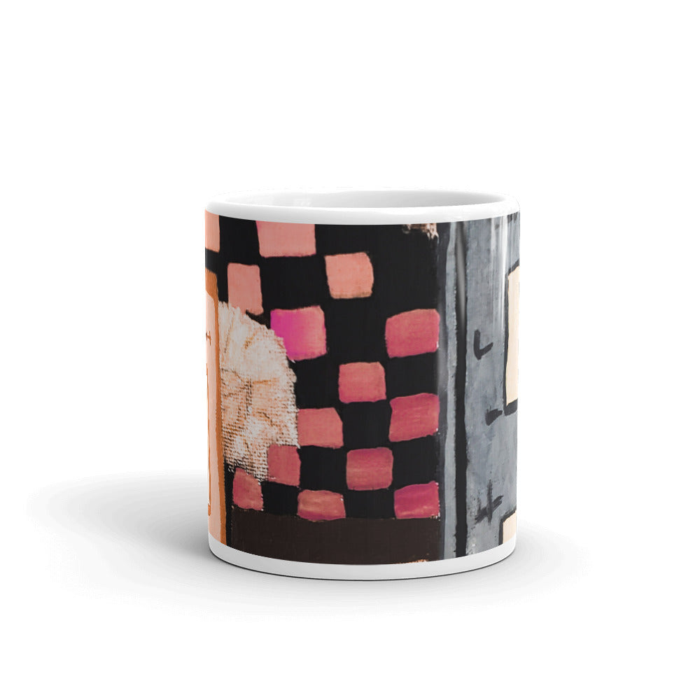 Checker Sky Buildings Rose Wrap White glossy mug