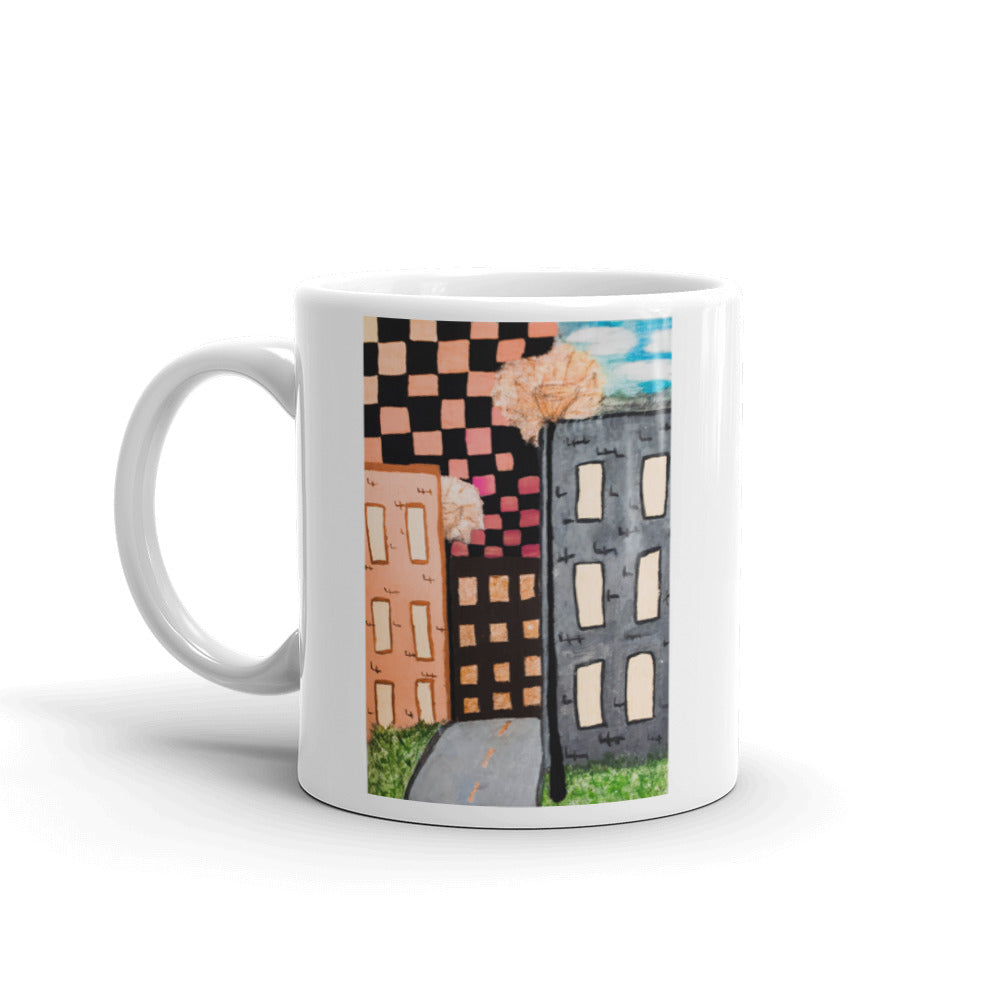 Checker Sky Buildings Rose reg. White glossy mug