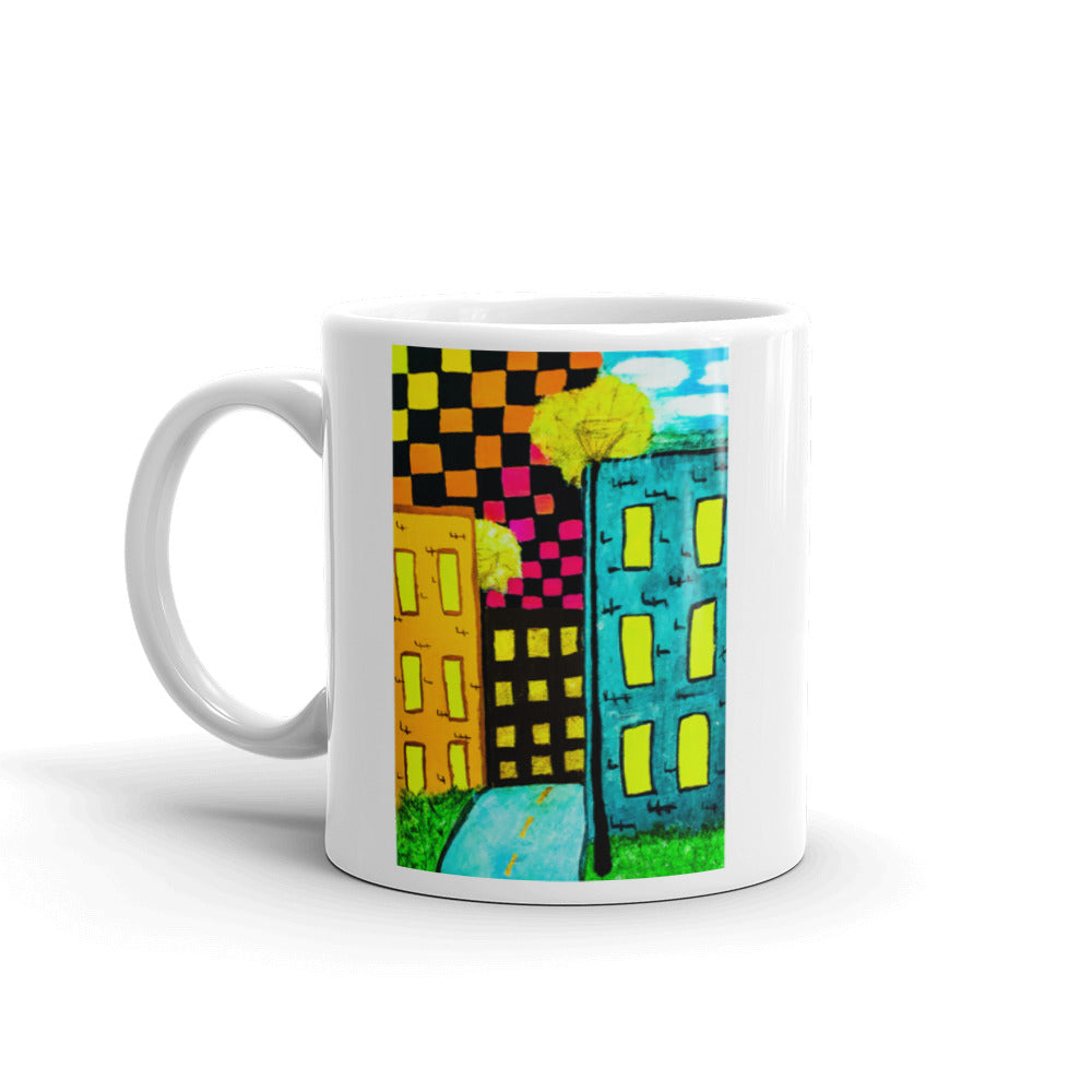 Checker Sky Building White glossy mug