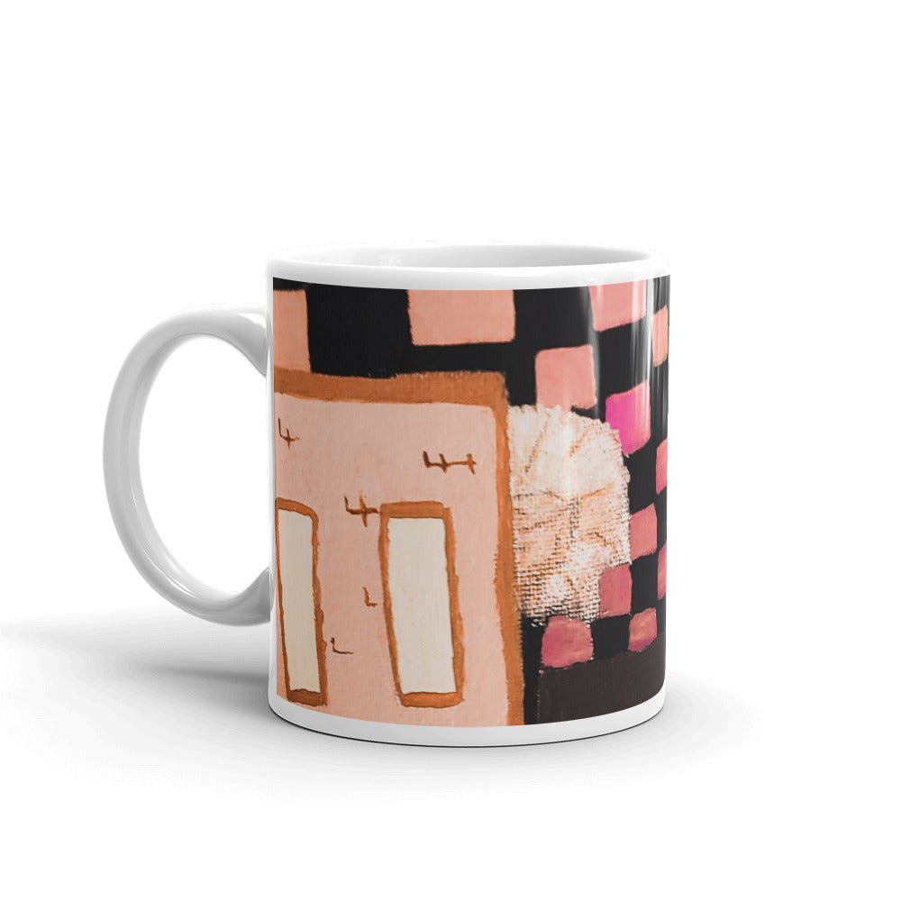 Checker Sky Buildings Rose Wrap White glossy mug