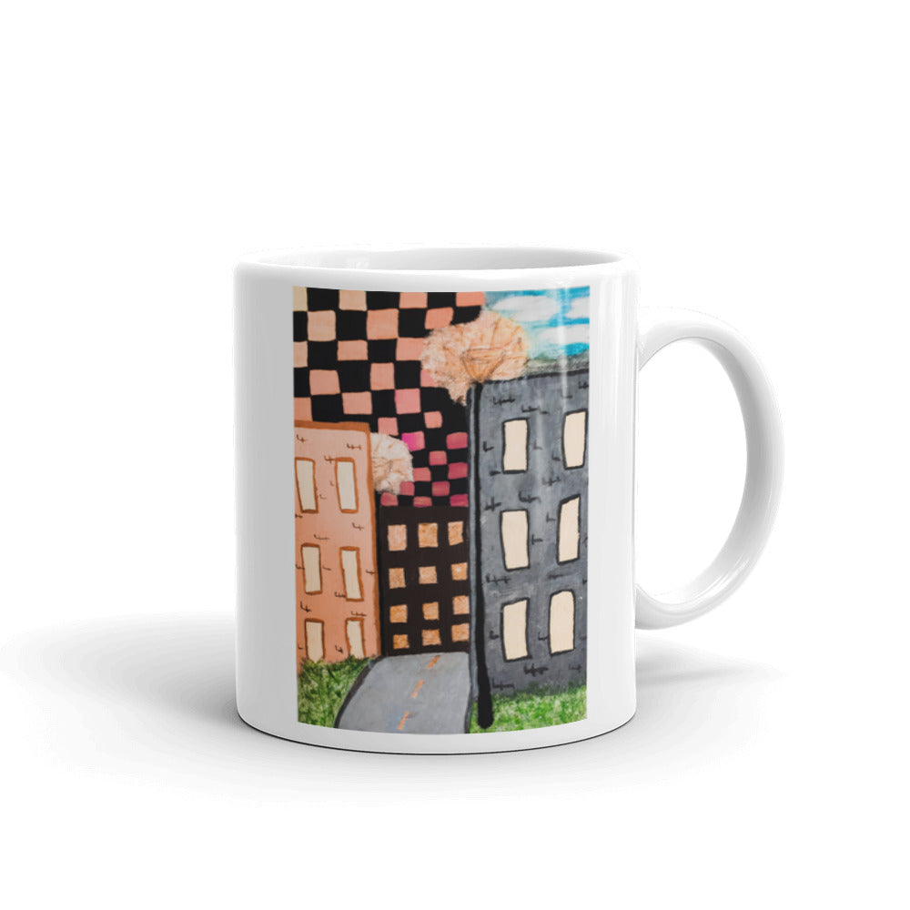 Checker Sky Buildings Rose reg. White glossy mug