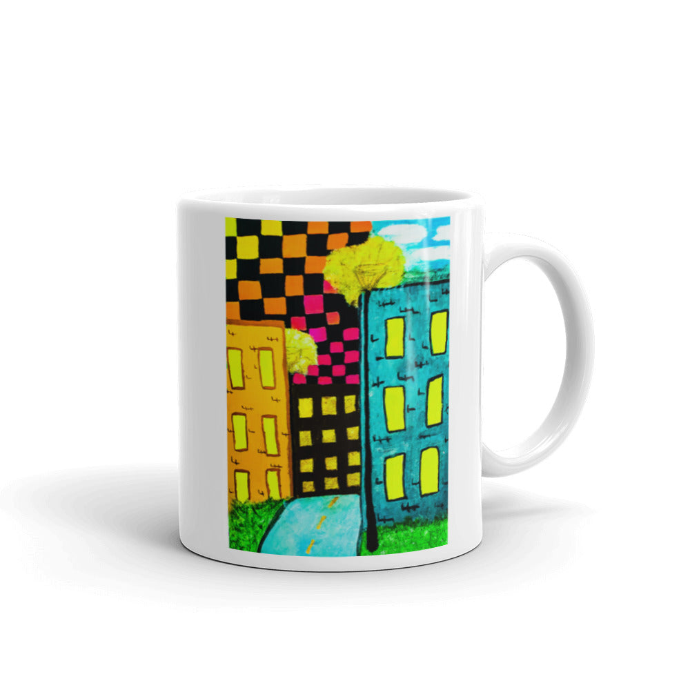 Checker Sky Building White glossy mug