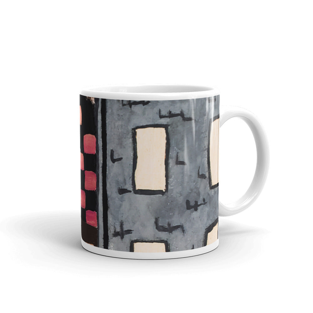 Checker Sky Buildings Rose Wrap White glossy mug