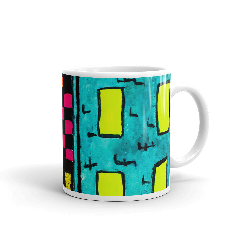 Checker Sky Buildings Wrap White glossy mug