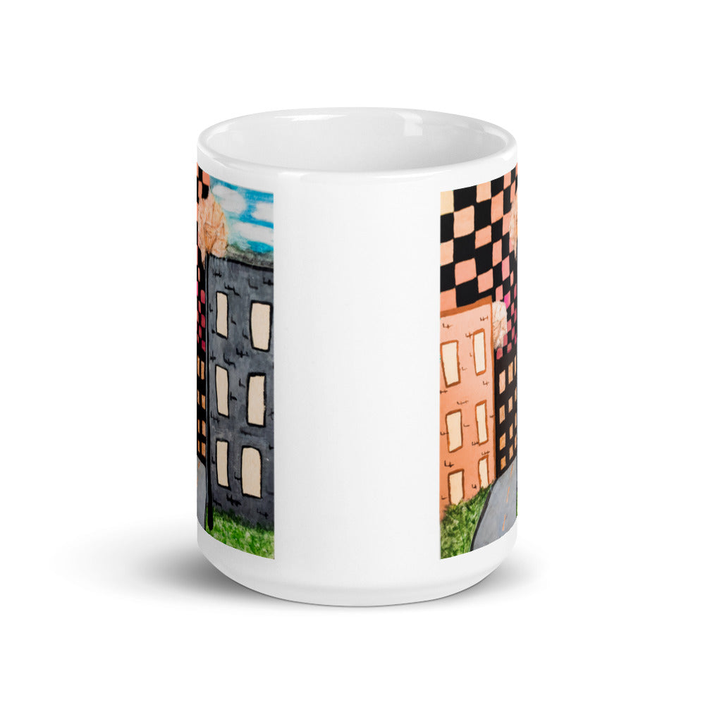 Checker Sky Buildings Rose reg. White glossy mug