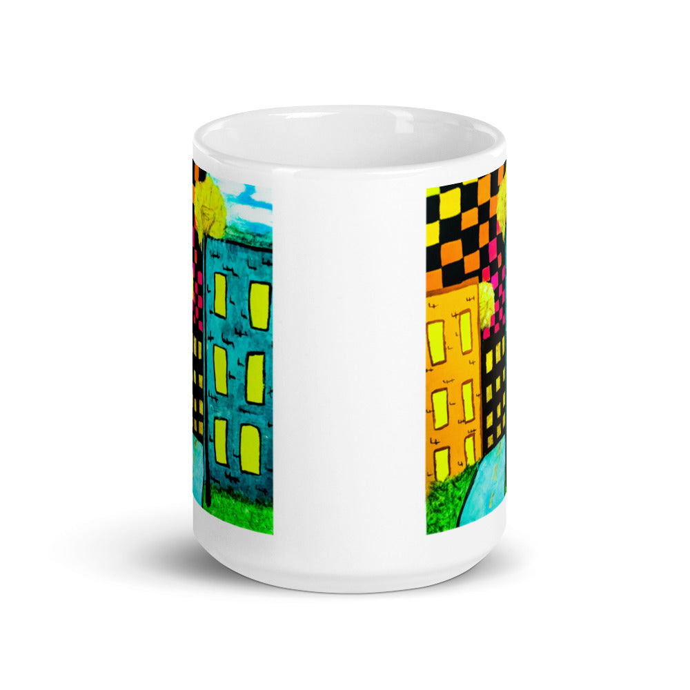 Checker Sky Building White glossy mug