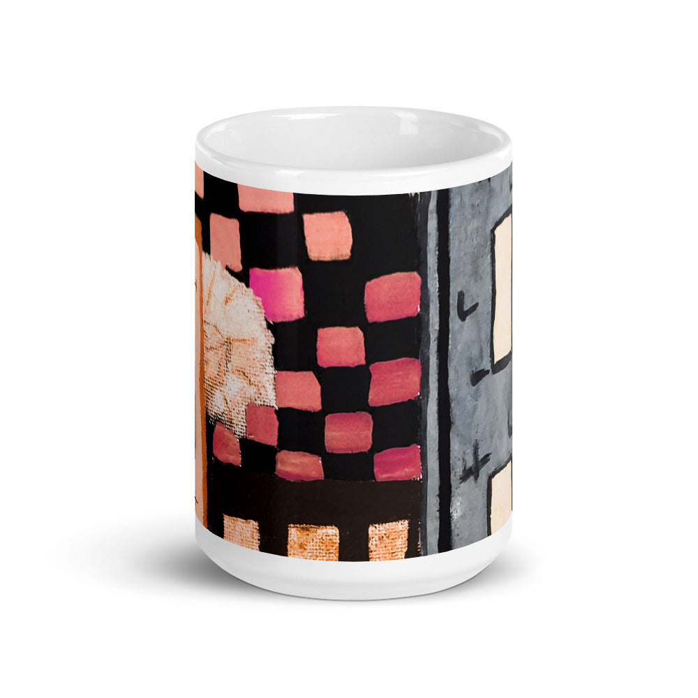 Checker Sky Buildings Rose Wrap White glossy mug