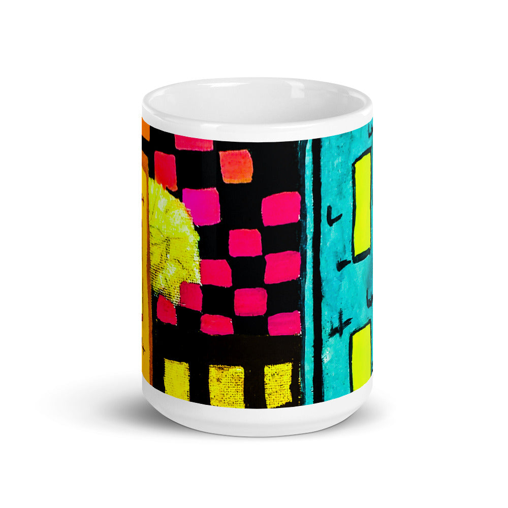 Checker Sky Buildings Wrap White glossy mug