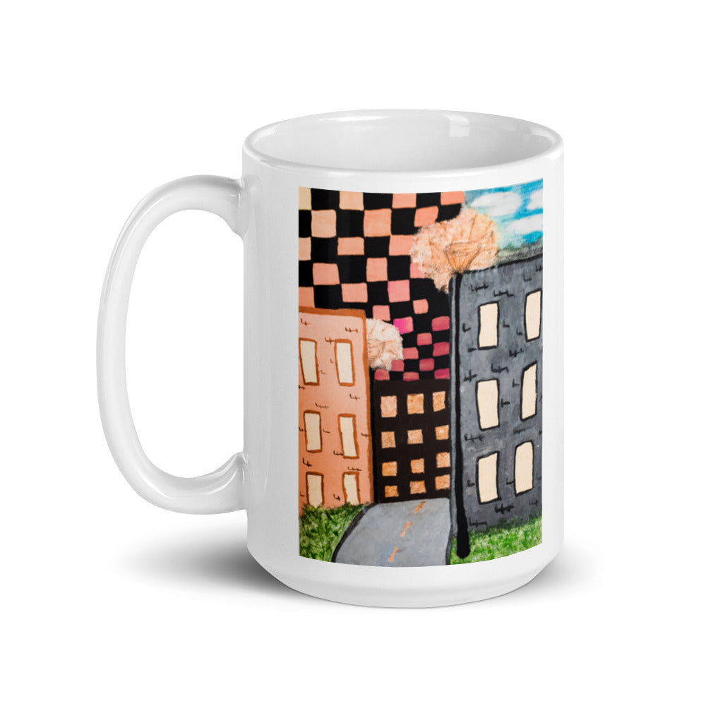 Checker Sky Buildings Rose reg. White glossy mug