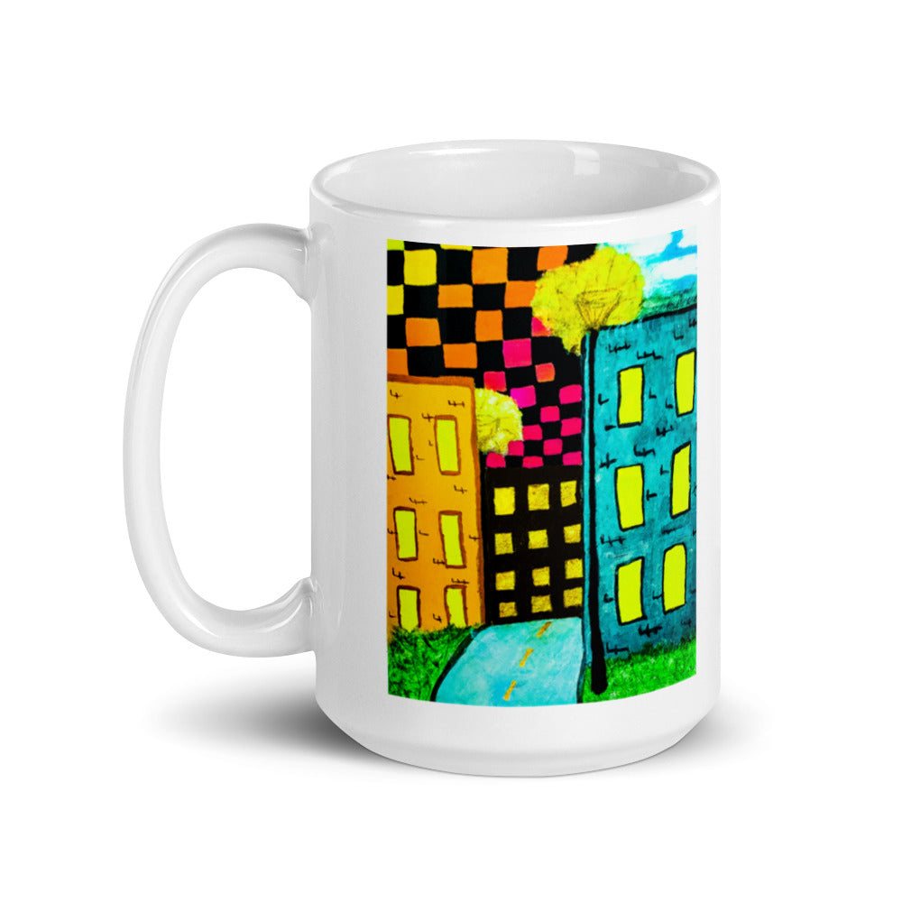 Checker Sky Building White glossy mug