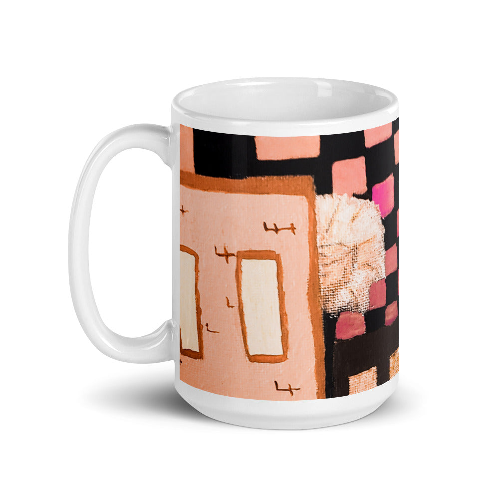 Checker Sky Buildings Rose Wrap White glossy mug