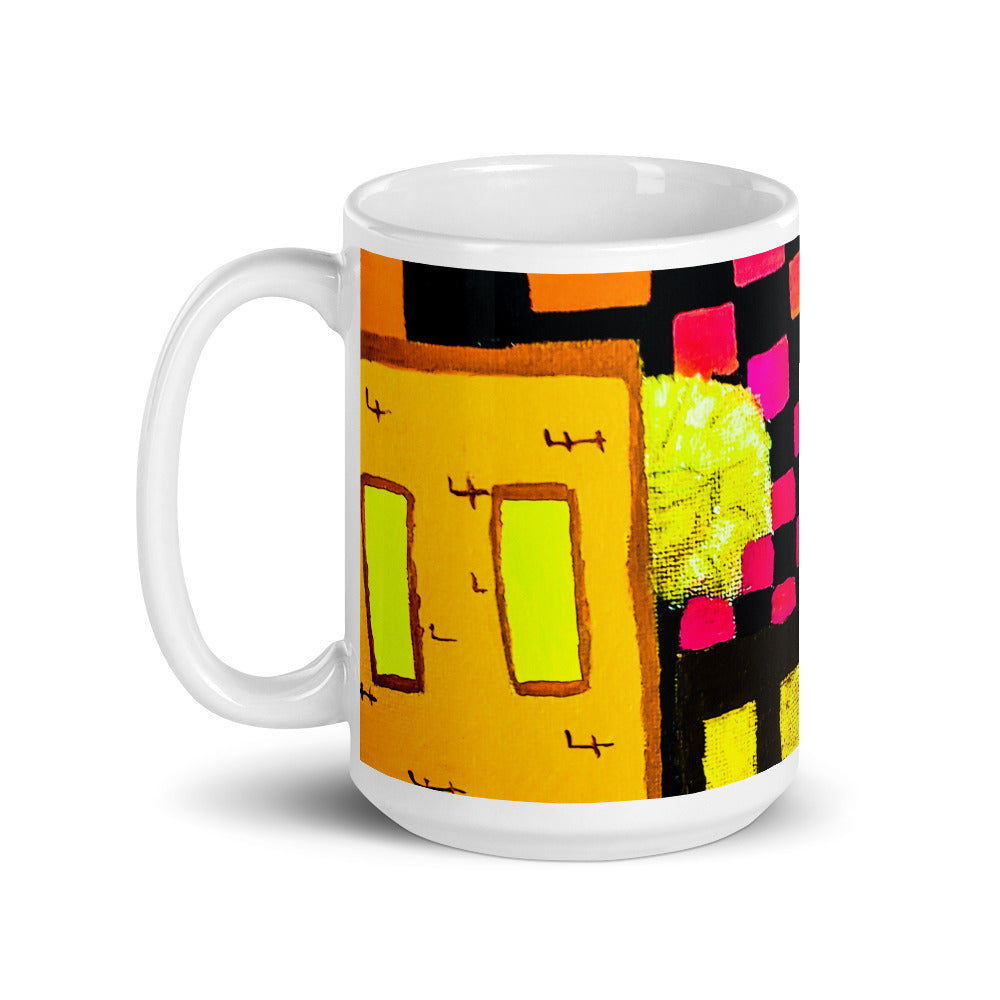 Checker Sky Buildings Wrap White glossy mug