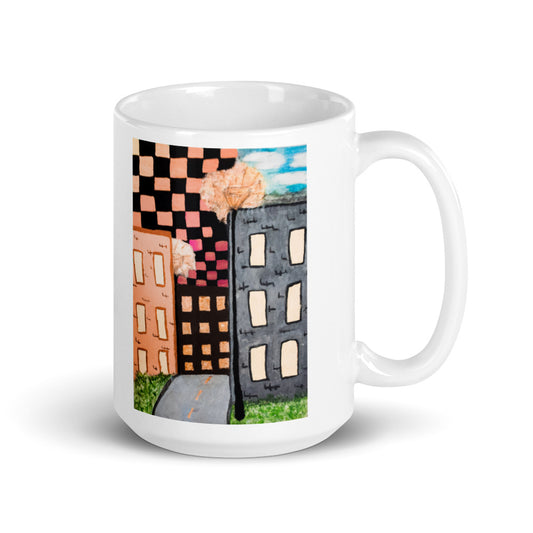 Checker Sky Buildings Rose reg. White glossy mug