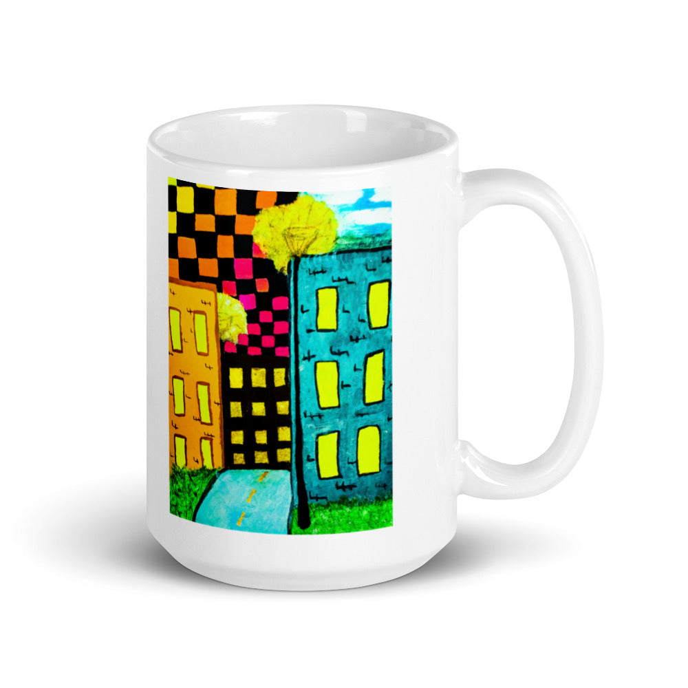 Checker Sky Building White glossy mug