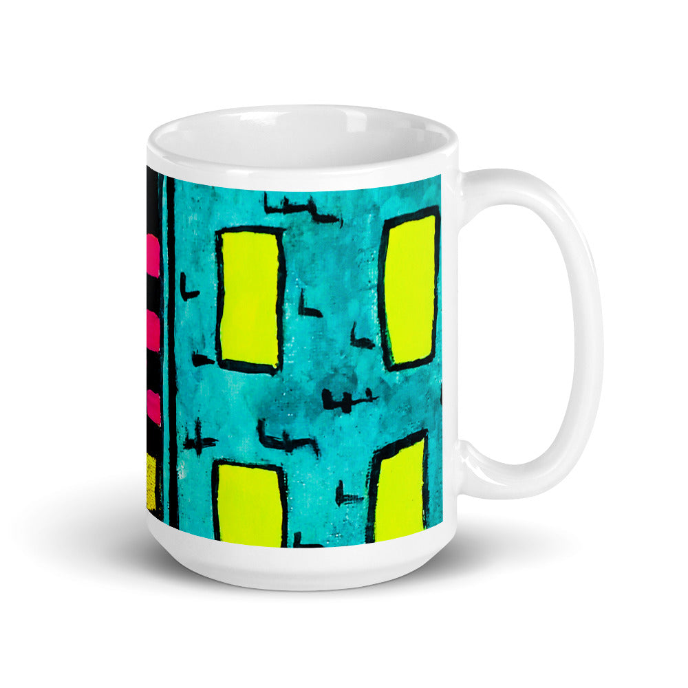 Checker Sky Buildings Wrap White glossy mug